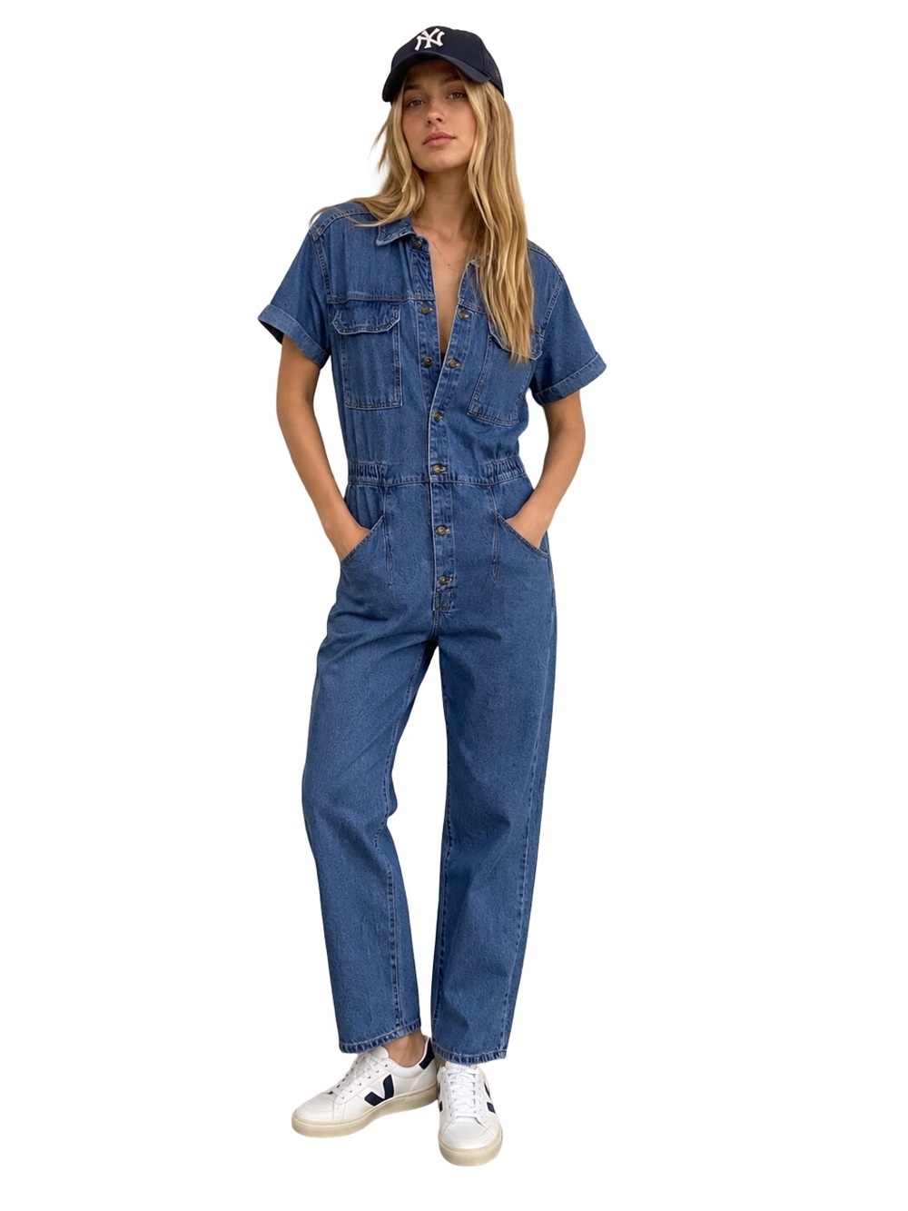 Free People We The Free Marci Denim Jumpsuit Size Large Medium Wash Coverall